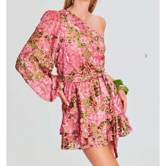 Hemant & Nandita Pakhi Floral Burnout Velvet One Shoulder Mini Dress NWT - Picture 5 of 12
